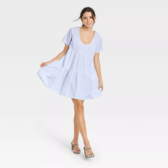 a new day Blue & White Striped Tiered Loose & Lightweight Dress with Pockets - Picture 1 of 4